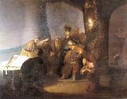 Rembrandt van rijn Judas returning the thirty silver pieces. oil painting on canvas
